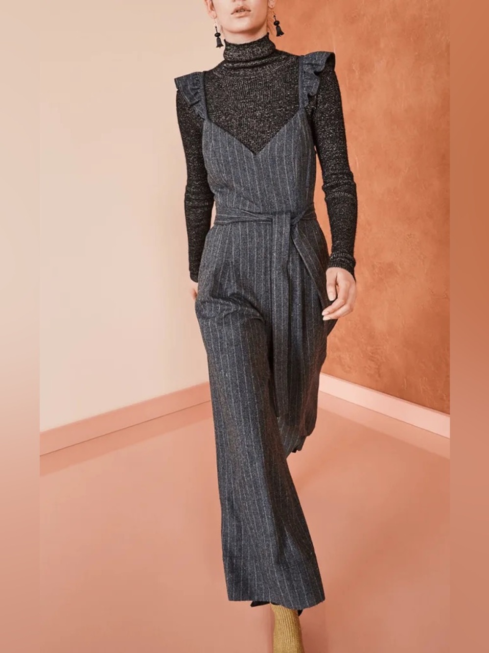 ULLA JOHNSON Lake Jumpsuit Ash Herringbone Tweed Grey Wide Leg Wool Size 6 Med